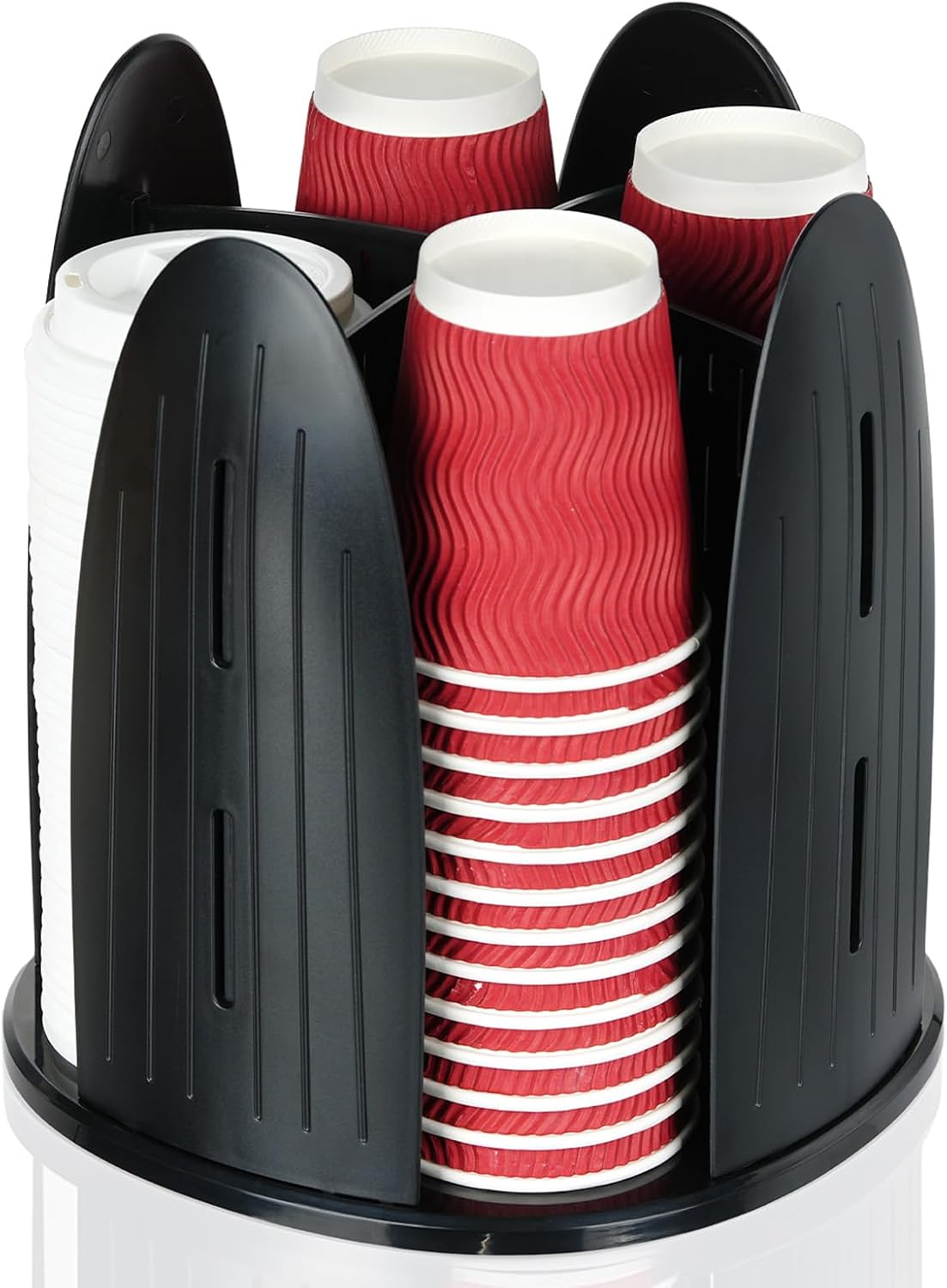 Rotating Paper Cup Dispenser,Cup Holder with 4 Compartments,Plastic Cup Storage and Lid Holder,Disposable Coffee Cup Dispenser Removable for Kitchen, Coffee Stations, Black
