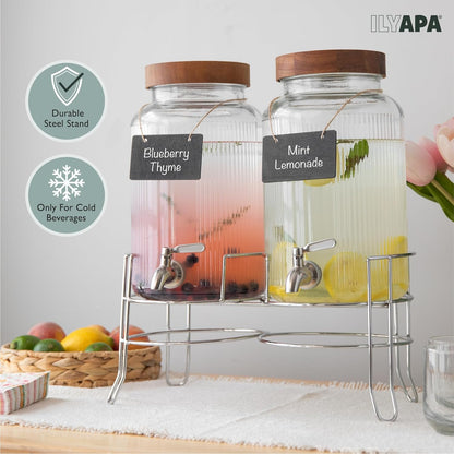 Ilyapa Glass Drink Dispensers for Parties with Stand - 2 Pack, 2 Gallon Double Beverage Dispenser with Wood Tops & Black Stainless Spigots