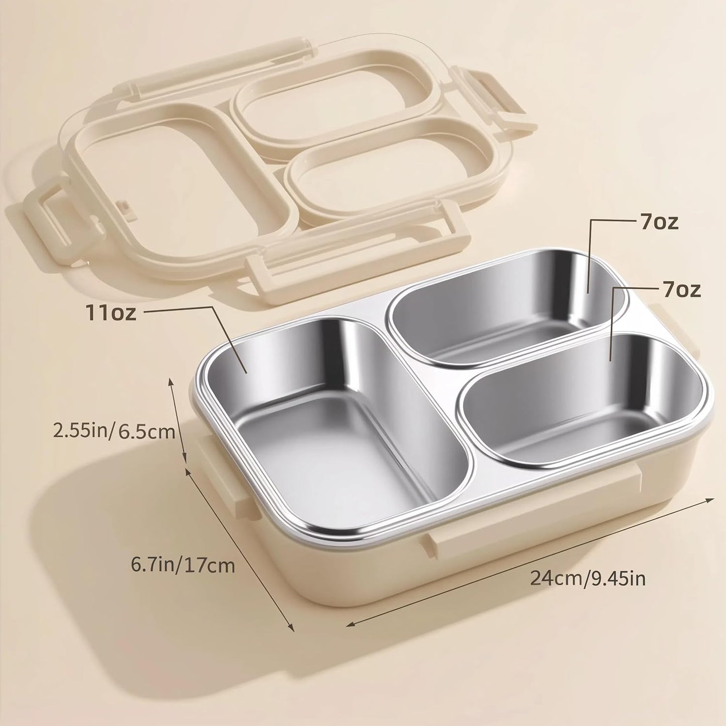 Stainless Steel Lunch Box for Kids, 3-Compartment Bento Box with Lid | Leakproof, Eco-Friendly Metal Food Container for School, Work, Picnic | Easy to Clean & Microwave Safe (White)