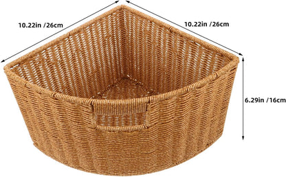 LABRIMP Weaving Triangle Corner Basket - Imitation Rattan Woven Bin 10 Inch for Wardrobe Cabinet Closet Kitchen Pantry & Bathroom - Fan Shaped Shelf Organizer for Fruits, Sundries, Makeup