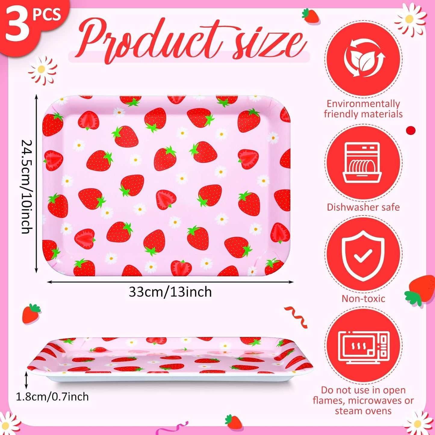RattanView 3 Pcs Strawberry Trays Strawberry Birthday Party Decoration Plastic Serving Trays pink Platter Pink Reusable Plates 13 x 10 Inch Berry Sweet One Birthday Party Supplies