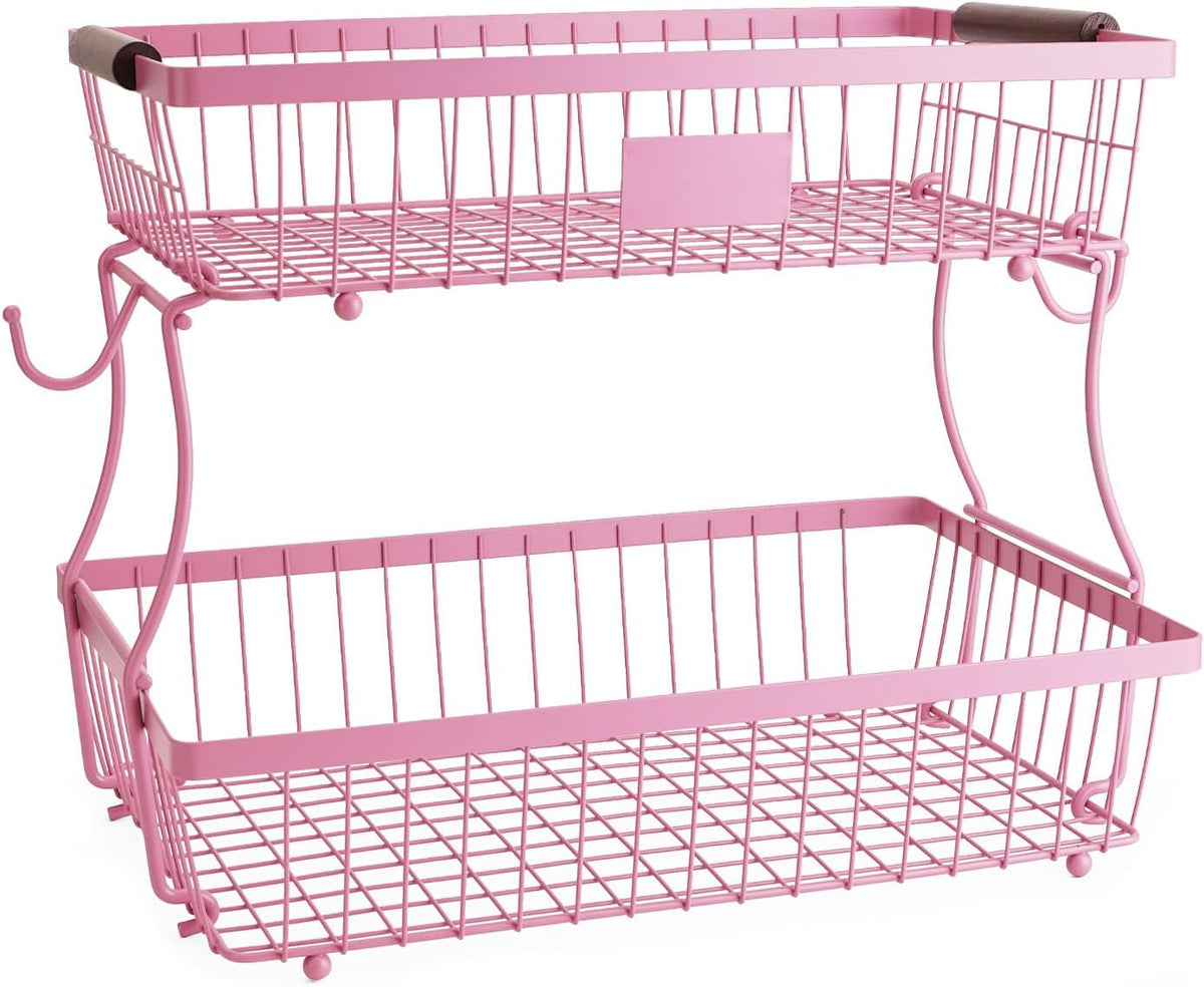 2-Tier Stackable Wire Basket with 2 Banana Hooks, Pantry Organizer for Kitchen Countertops, Cabinets & Under-Sink Spaces; Ideal for Storing Snacks, Fruits, Veggies, Onions, Potatoes, & More,Black