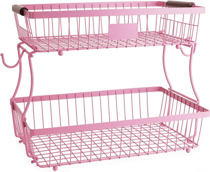 2-Tier Stackable Wire Basket with 2 Banana Hooks, Pantry Organizer for Kitchen Countertops, Cabinets & Under-Sink Spaces; Ideal for Storing Snacks, Fruits, Veggies, Onions, Potatoes, & More,Black