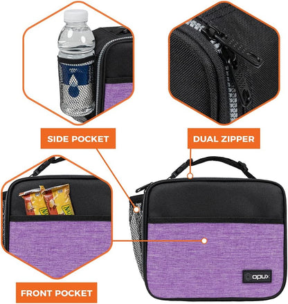 opux Insulated Lunch Bag Kids, Lunch Box for School Boy Girl, Leakproof Small Reusable Compact Soft Mini Cooler Bag, Toddler Small Lunch Boxes Kit Pail with Front Side Pockets (Purple)