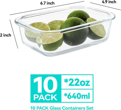 BAYZZ 10 Pack 22 oz Glass Meal Prep Containers, Glass Food Storage Containers with Airtight Lids, BPA-Free, Freezer and Microwave Safe