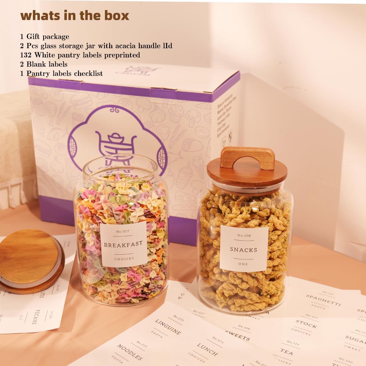 2 Pack Large Glass Flour and Sugar Containers with 132 Pantry Labels - 64 FL OZ Glass Canisters with Bamboo Airtight Lids - Farmhouse Glass Cookie Jars for Rice, Pasta, Cereal, Bath Salt