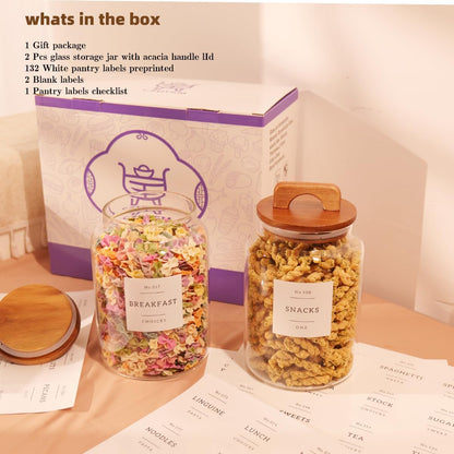 2 Pack Large Glass Flour and Sugar Containers with 132 Pantry Labels - 64 FL OZ Glass Canisters with Bamboo Airtight Lids - Farmhouse Glass Cookie Jars for Rice, Pasta, Cereal, Bath Salt