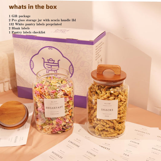 2 Pack Large Glass Flour and Sugar Containers with 132 Pantry Labels - 64 FL OZ Glass Canisters with Bamboo Airtight Lids - Farmhouse Glass Cookie Jars for Rice, Pasta, Cereal, Bath Salt
