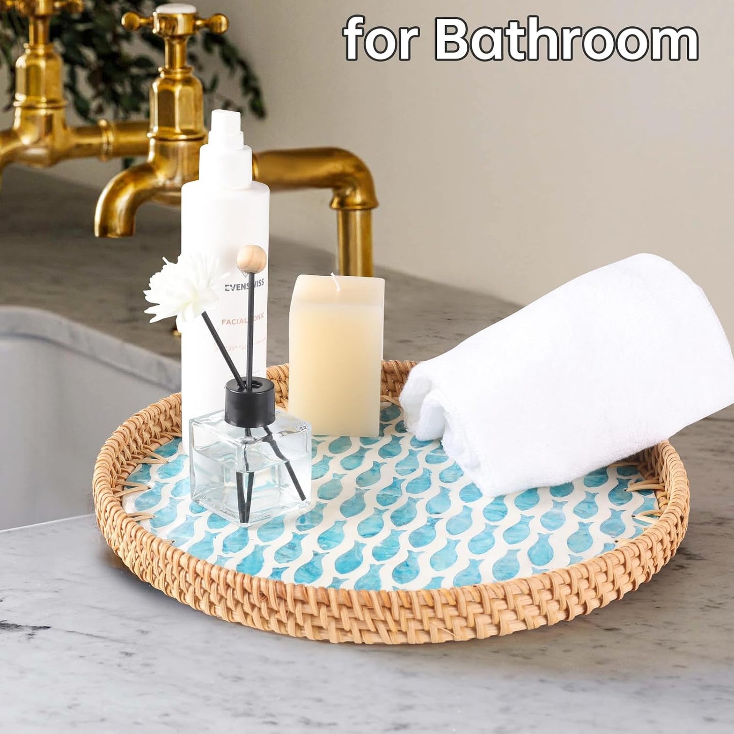 Round Rattan Tray with Mother of Pearl Inlay, Rattan Serving Tray for Coffee, Bread, Fruits, Decorative Wicker Tray for Table Decor, Home Decor, Kitchen Island Decor(Black Checkerboard, 11.8")