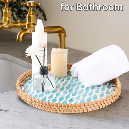 Round Rattan Tray with Mother of Pearl Inlay, Rattan Serving Tray for Coffee, Bread, Fruits, Decorative Wicker Tray for Table Decor, Home Decor, Kitchen Island Decor(Black Checkerboard, 11.8")