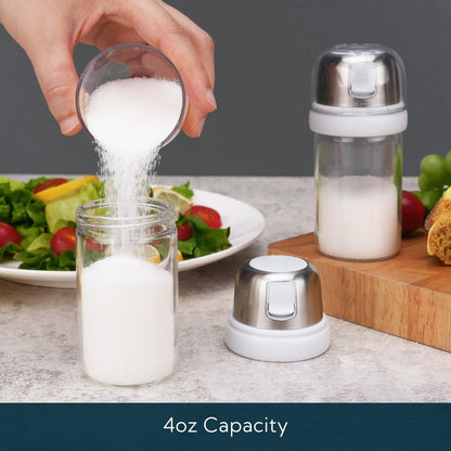 KTCHENDAO 2 in 1 Glass Salt and Pepper Shaker with Side Pour Spout, Built-in Lid for Moisture-proof, Elegant Borosilicate Glass Salt Pepper Dispenser set for Kitchen, BPA Free, 4oz (White)