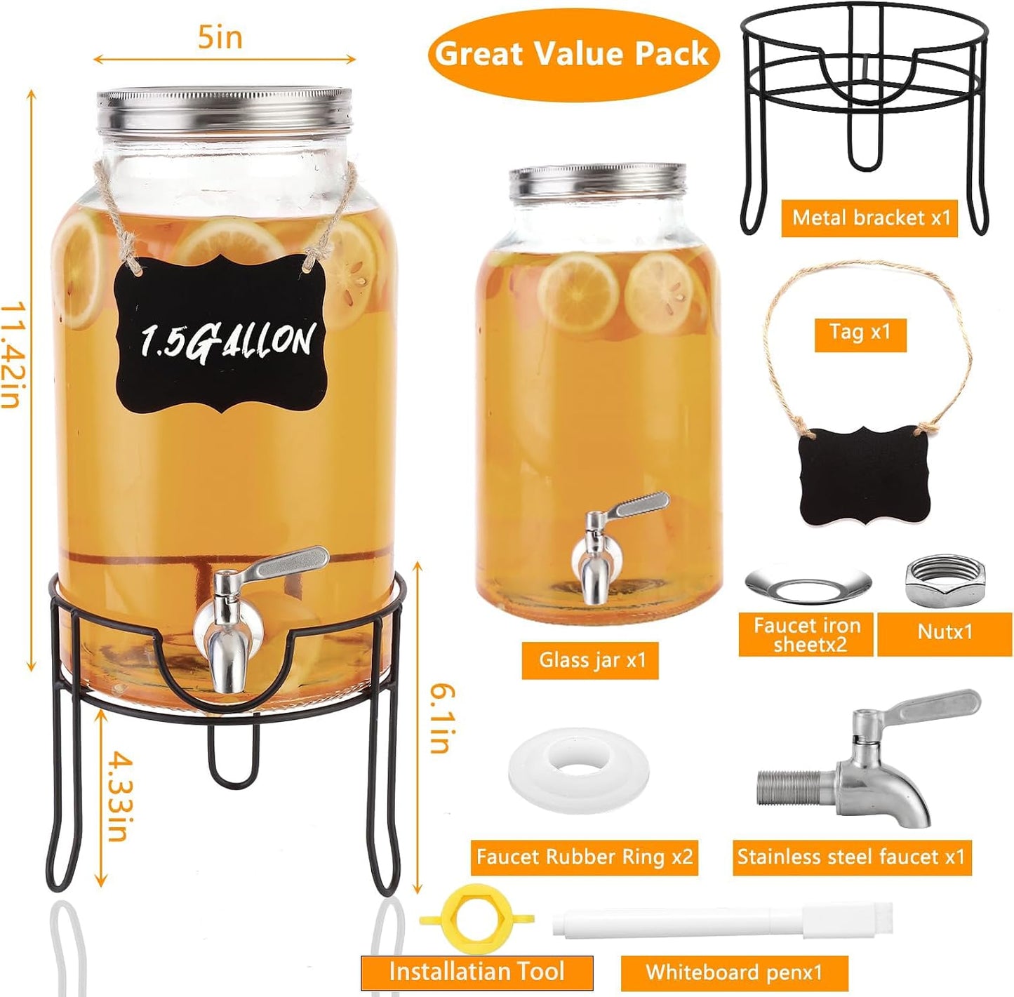 1.5 Gallon Glass Beverage Dispenser with Stand and Lid for Parties,Glass Drink Dispenser with Stainless Steel Leakproof Spigot,Mason Jar Drink Dispensers with Lids for Lemonade,Juice,Water