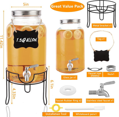 1.5 Gallon Glass Beverage Dispenser with Stand and Lid for Parties,Glass Drink Dispenser with Stainless Steel Leakproof Spigot,Mason Jar Drink Dispensers with Lids for Lemonade,Juice,Water