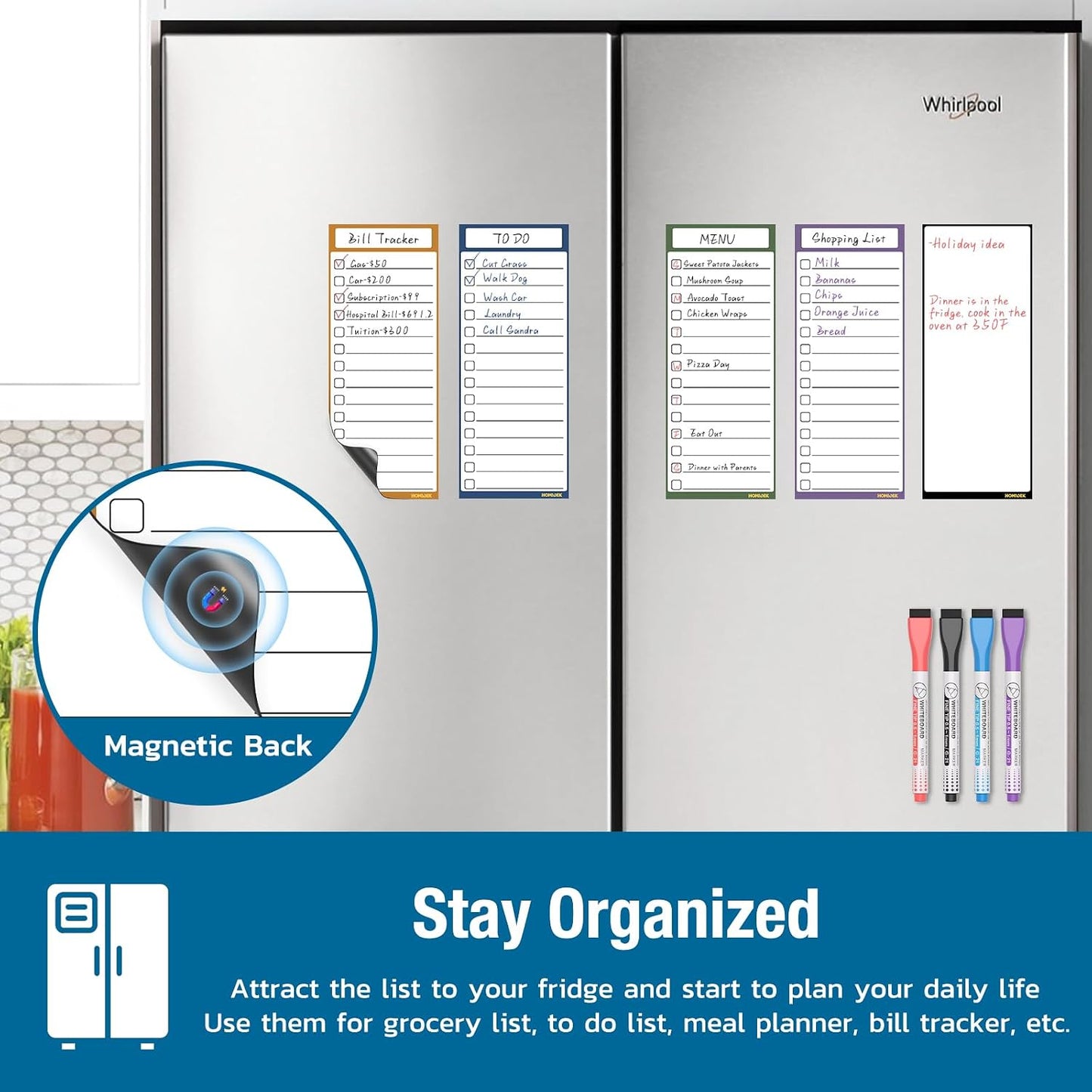 Magnetic White Board for Fridge - Dry Erase Meal Planner for Refrigerator - Weekly Menu Board, Grocery List, Memo Pad, Fridge and Freezer Inventory List - Kitchen Whiteboard with 4 Markers - 4" x 10"