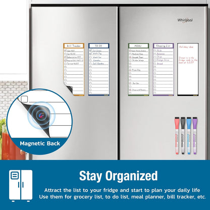 Magnetic White Board for Fridge - Dry Erase Meal Planner for Refrigerator - Weekly Menu Board, Grocery List, Memo Pad, Fridge and Freezer Inventory List - Kitchen Whiteboard with 4 Markers - 4" x 10"