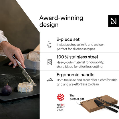 LARS NYSØM Cheese Knife Set Edge 2 pcs. I Cheese Knife Set Made of Stainless Steel I Premium Gift Box I Perfect as Christmas Gift (Carbon Black)