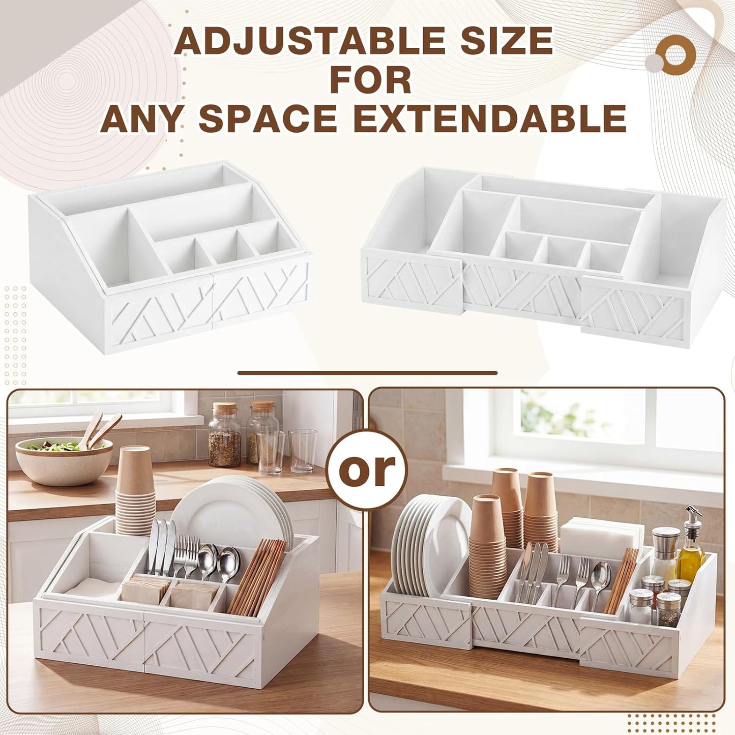 Paper Plate Dispenser Extendable, Paper Plate Holder for Kitchen Counter Wood Silverware Utensil Caddy Cutlery Flatware Organizer Box for Cups Spoons Forks Kitchen Accessories(Black)