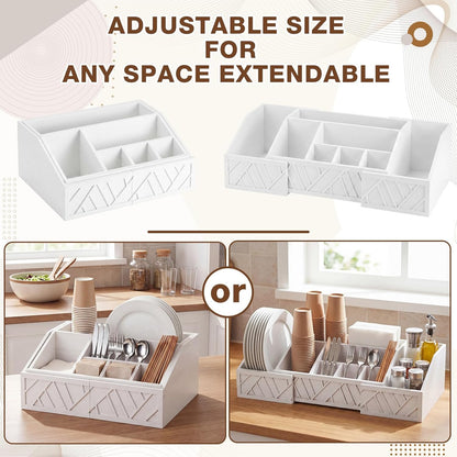Paper Plate Dispenser Extendable, Paper Plate Holder for Kitchen Counter Wood Silverware Utensil Caddy Cutlery Flatware Organizer Box for Cups Spoons Forks Kitchen Accessories(Black)