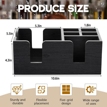 Mifoci Wooden Bar Caddy with 6 Compartments, Acacia Wood Bar Caddy Napkin & Straw Holder Organizer Cocktail Napkin Holder Condiments for Home Office Kitchen Countertop (Brown, 10.6 L x 5.5 W)