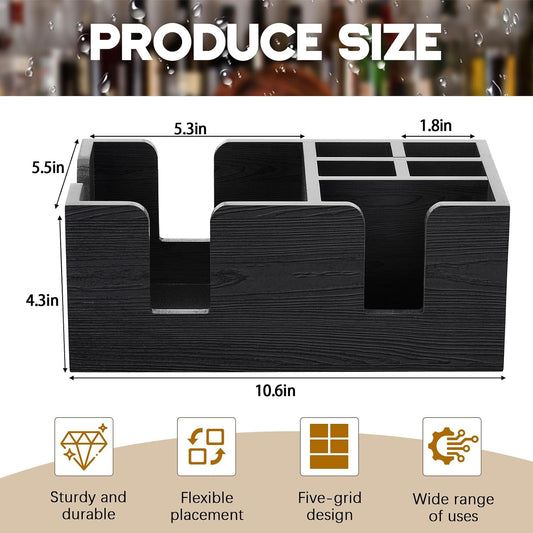Mifoci Wooden Bar Caddy with 6 Compartments, Acacia Wood Bar Caddy Napkin & Straw Holder Organizer Cocktail Napkin Holder Condiments for Home Office Kitchen Countertop (Brown, 10.6 L x 5.5 W)