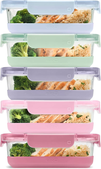 Ello Duraglass 3.4 Cup Meal Prep 10Pc,Set,Glass Food Storage Container with Silicone Sleeve and Airtight BPA-Free Plastic Lids,Dishwasher,Microwave & Freezer Safe,Evening Orchard,5 Count (Pack of 2)