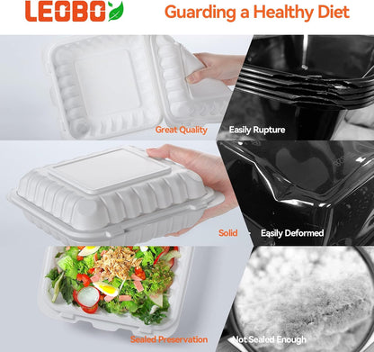 Takeout Container Mineral Filled PP Plastic - 7.8 Inch 30oz 65 Pack BPA Free 3 Compartments Shrink Wrap Bento Box | Freezer & Microwave Safe for Picnic | Black Reusable & Disposable Containers