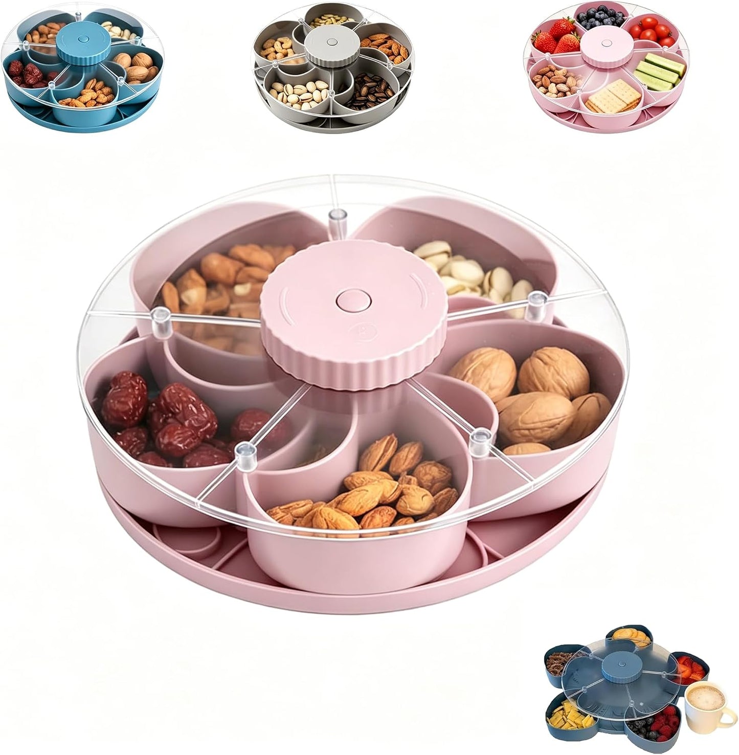 Divided Serving Tray that Spins – Perfect for Snacks, Dips & Party Appetizers with Lid, 5-Compartment Lazy Susan Organizer, Portable Veggie Platter for Party|Travel|Picnic (Blue)