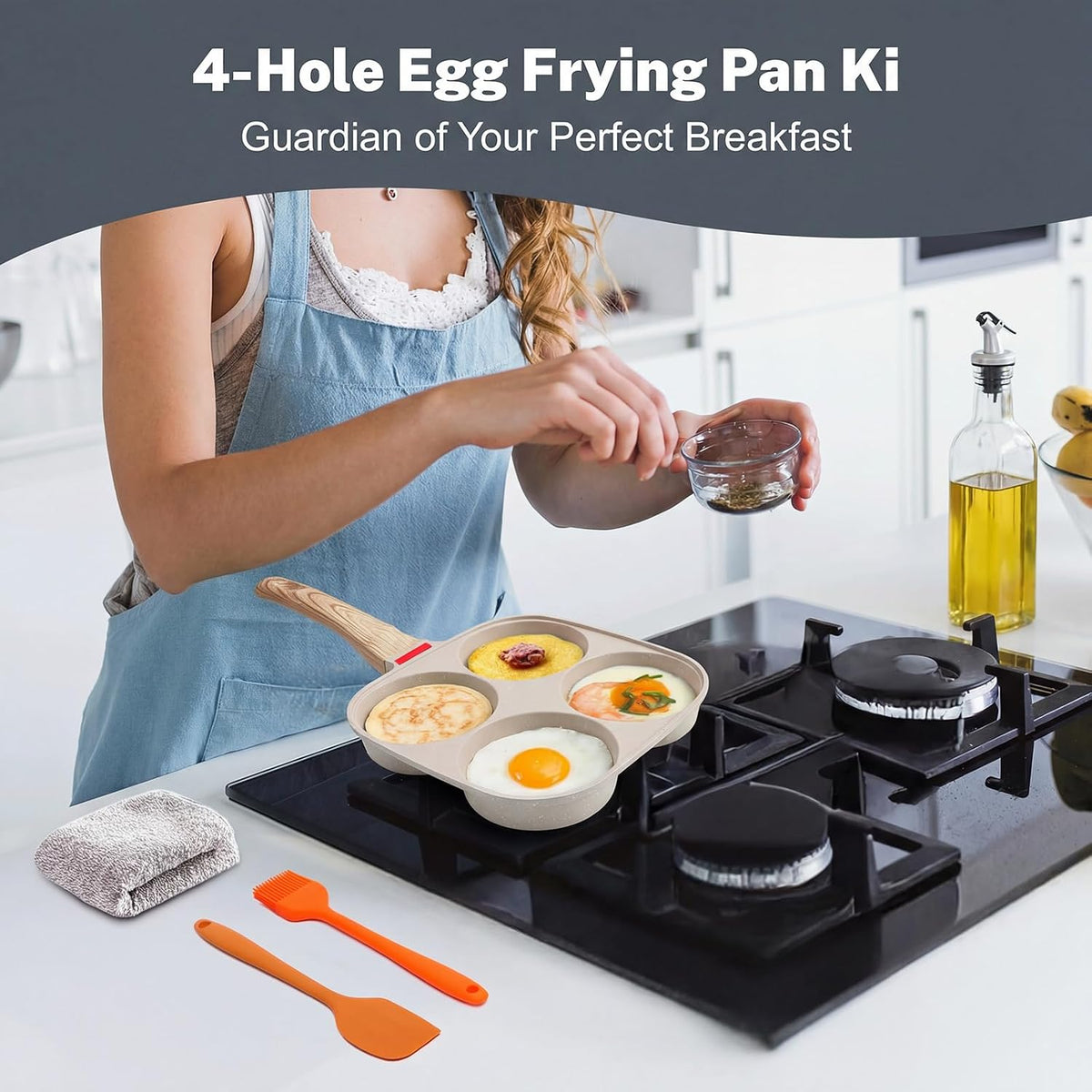 Ywmoml 4‑Cup Nonstick Egg Pan Set with Lid, Includes Silicone Scraper, Oil Brush, Chopsticks & Cleaning Cloth – Compatible with Gas & Induction Cooktops