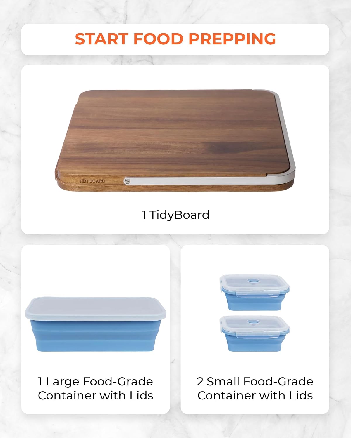 TidyBoard Meal Prep System Base Pack - Over-the-Sink Smart Chopping Board with 1 Large & 2 Small Silicone Tubs & Lids - 1” Thick Acacia Wood Cutting Board with Containers, 7 pieces