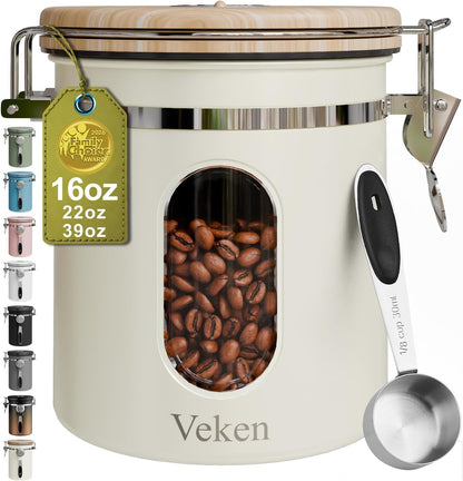 Veken Coffee Canister with Window, Family Choice Awards Winner, Airtight Stainless Steel Home Kitchen Food Storage Container with Lids for Grounds, Beans, Tea, Flour,Cereal,Sugar Jars,Scoop,16OZ,Black