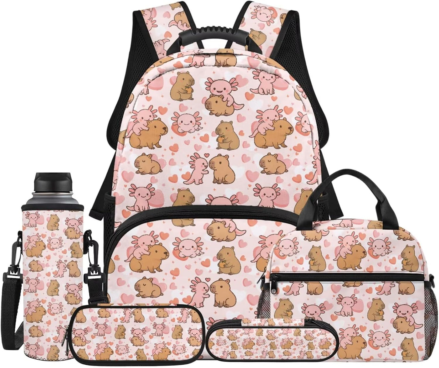 Highland Cow Backpack with Lunch Box Set for Kids Sunflower School Backpack for Girls Boys Back to School Bag Student Travel Backpacks Reusable Utensils Pen Case Water Bottle Bag 5PCS