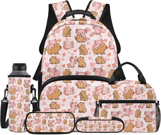 Highland Cow Backpack with Lunch Box Set for Kids Sunflower School Backpack for Girls Boys Back to School Bag Student Travel Backpacks Reusable Utensils Pen Case Water Bottle Bag 5PCS