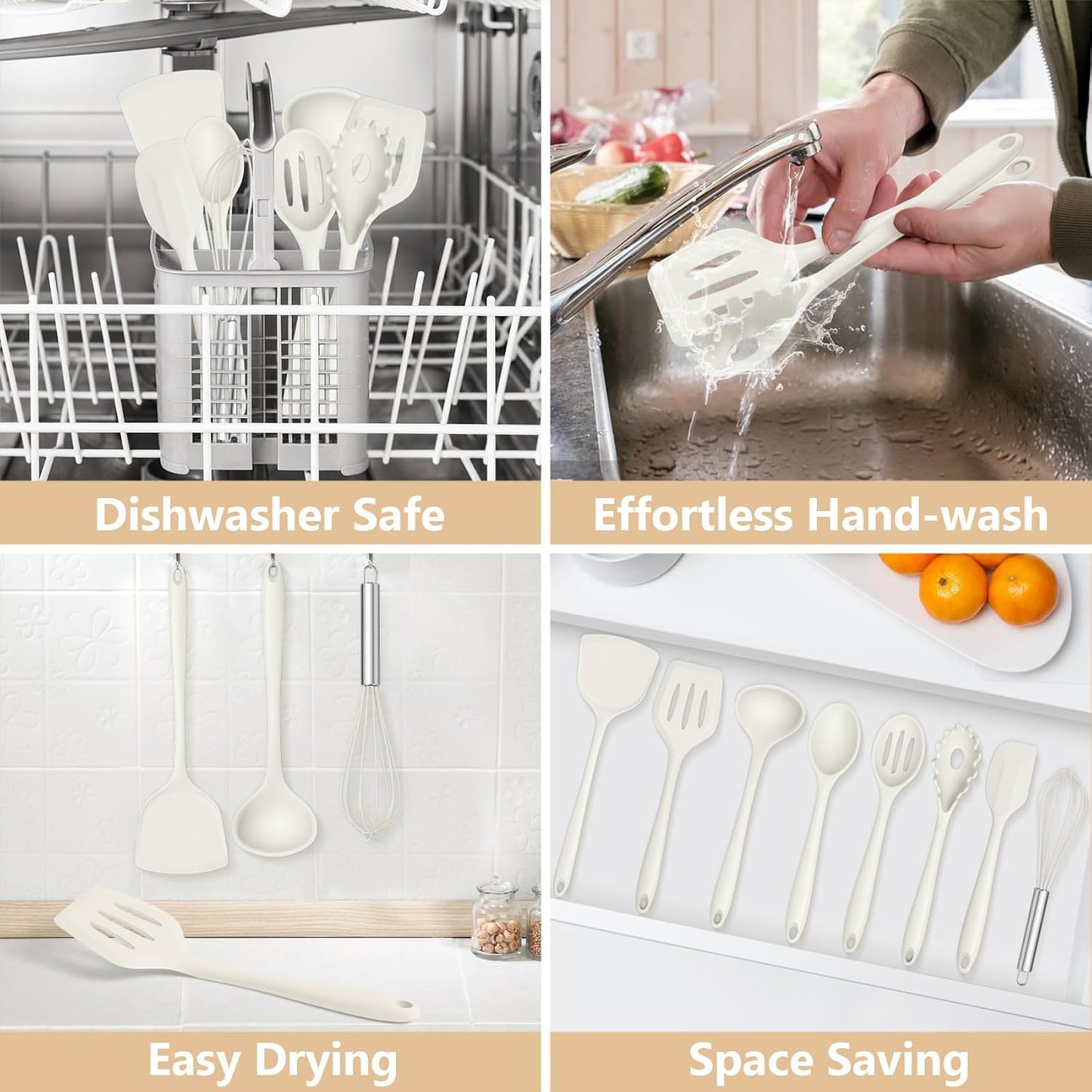 TeamFar Silicone Cooking Utensils Set, 8 PCS Kitchen Utensils Set, 446°F Heat Resistant, Turner, Spatula, Spoon, Whisk, Kitchen Cooking Gadgets Tools for Nonstick Cookware, Dishwasher Safe-Khaki