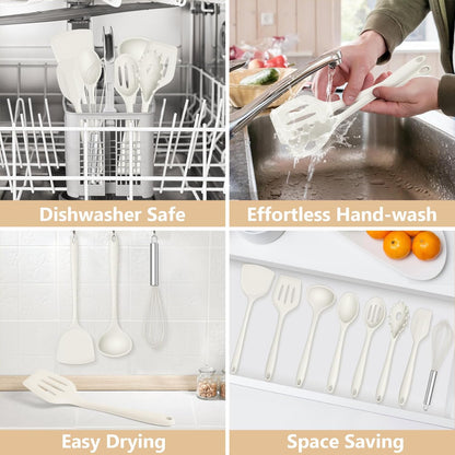 TeamFar Silicone Cooking Utensils Set, 8 PCS Kitchen Utensils Set, 446°F Heat Resistant, Turner, Spatula, Spoon, Whisk, Kitchen Cooking Gadgets Tools for Nonstick Cookware, Dishwasher Safe-Khaki