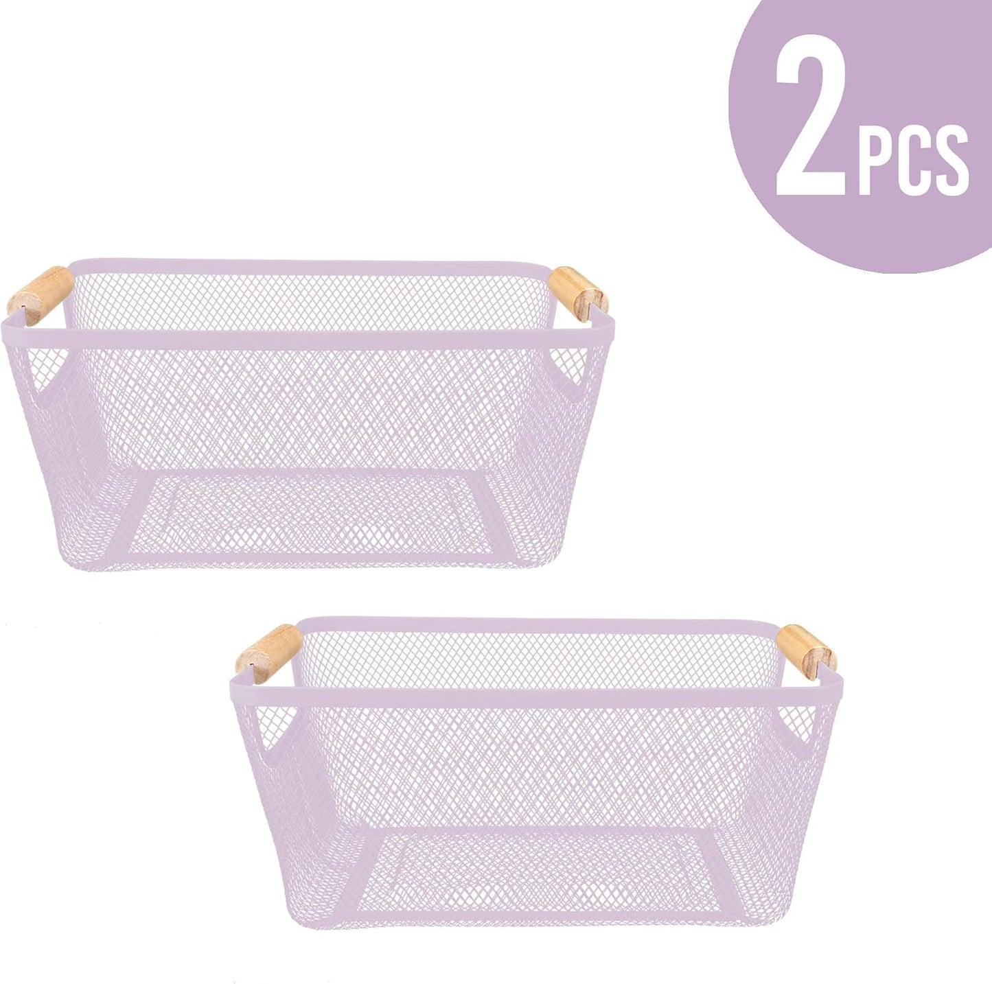 2Pack Metal Mesh Steel Basket with Bamboo Handle - Wire Metal Basket for Kitchen Organization, 12" Wide Food Organizer Bin, Perfect for Organizing Bulk Pantry (WHITE)