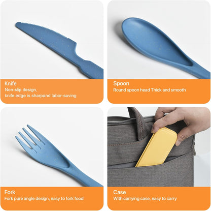 Travel Utensils with Case, 2 Sets Reusable Utensils Set with Case, Wheat Straw Utensils for Lunch Box Accessories, Camping Utensil Set for School Work Lunch or Daily Use（Black）