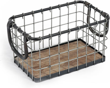 11.5" Wide Rectangular Sturdy Hand Welded Farmhouse Metal Wire Basket with Rustic Wooden Bottom For Shelves, Closet Storage Bins for Shelves. Also For Laundry, Towel, Spice Rack, Tool Box (11.5"x7")