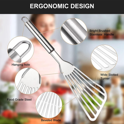Cualork 2-Piece Premium Fish Spatula Set, Big Size Stainless Steel, Thickness Blade Turner for Cooking, Flipping, Frying and Grilling