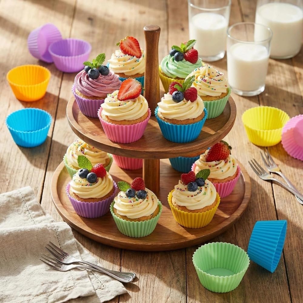 12-Pack Silicone Muffin Liners Reusable Baking Cups and Molds for Cupcake (6 Colors)