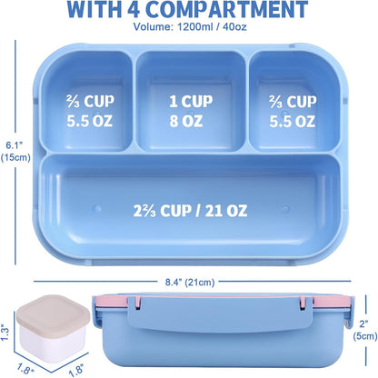 Bento Box Adult Lunch Box, Lunch Containers for Kids Girls Boys with 4 Compartments, Lunchable Food Container with Utensils, Sauce Jar, Muffin Liners, 40 Oz/5 Cup, Microwave Safe, Lavender