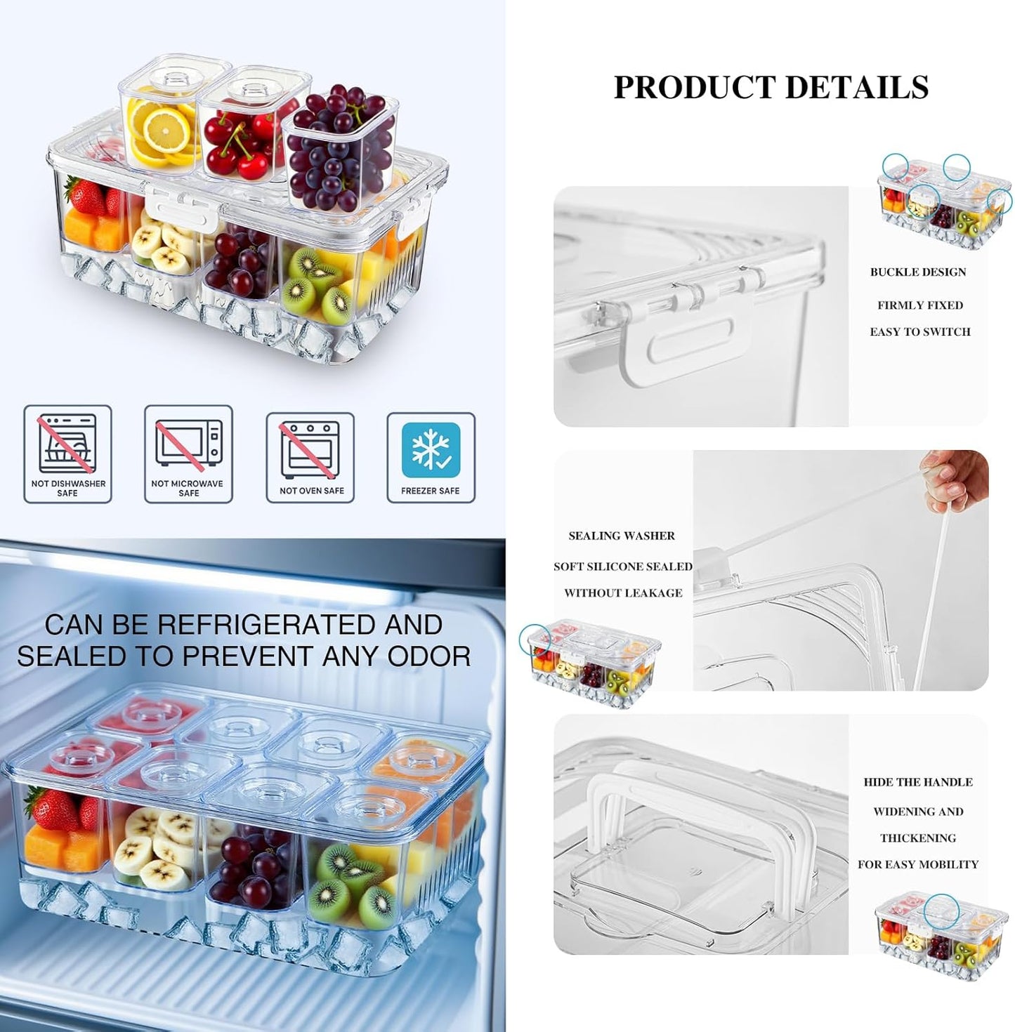 Chilled Snackle Box Container with Ice Tray - 8 Compartment Serving Tray with Lid & Handle, Leak-Proof & Odor-Free Snack Box, Portable Cold Food Platter for Picnic, Party, Travel, Road Trip