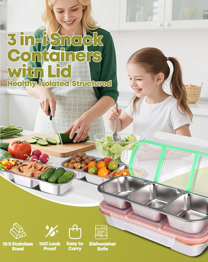 2Pack Stainless Steel Snack Containers for Kids Adults, Reusable 3 Compartment Snackle Box Container with Leakproof Lids Metal Bento Lunch Boxs Food Storage Containers for Travel Picnics Office School