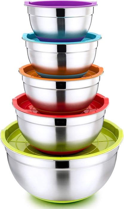 P&P CHEF Mixing Bowls with Lids Set of 5, Stainless Steel Nesting Salad Bowl with Lid & Base for Non-slip Mixing Prepping Storing Serving, 5 Sizes-7/3.5/2.5/1.5/1 QT, Khaki
