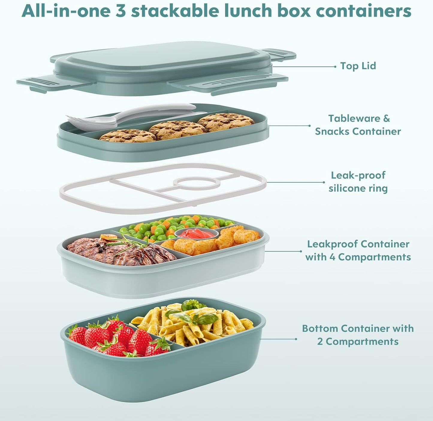 Modern Adult Lunch Box, Stackable Lunch Containers, Minimalist Design Bento Box with Utensil Set - Leak-Proof for Dining Out, Work, School, Picnic