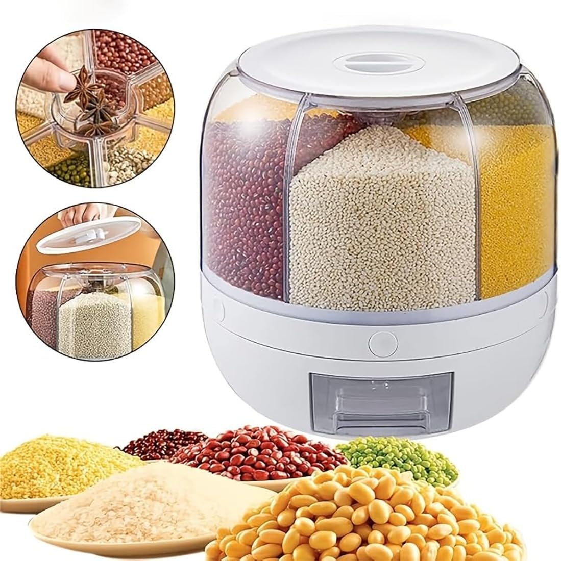 Rotating Grain Storage Bin 6 Grids Rice Container One-Click Output Large Capacity Food Dispenser For Rice Grains Sealed Moisture Proof Organizer (Grey) (Small)