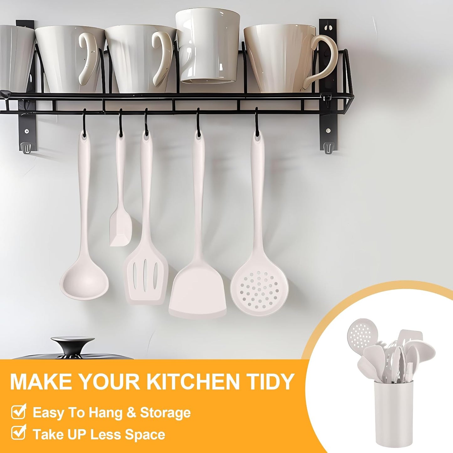 E-far Silicone Cooking Utensils Set, 25 Piece Kitchen Utensils with Holder, Non Toxic Kitchen Tools Spatula, Turner, Spoon, Ladle for Nonstick Cookware, Heat Resistant & Dishwasher Safe - Black