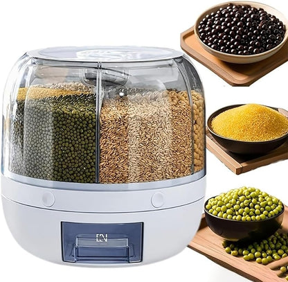 Rotating Grain Storage Bin 6 Grids Rice Container One-Click Output Large Capacity Food Dispenser For Rice Grains Sealed Moisture Proof Organizer (Grey) (Small)