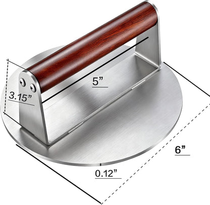 Heavy Duty 2.5 lb Stainless Steel Burger Press – 8.5 Inch Smash Burger Press Hamburger & Bacon Press for Steak, Meat, Flat Top Grill & BBQ, Polished Smooth Base Hamburger Smasher with Wooden Handle