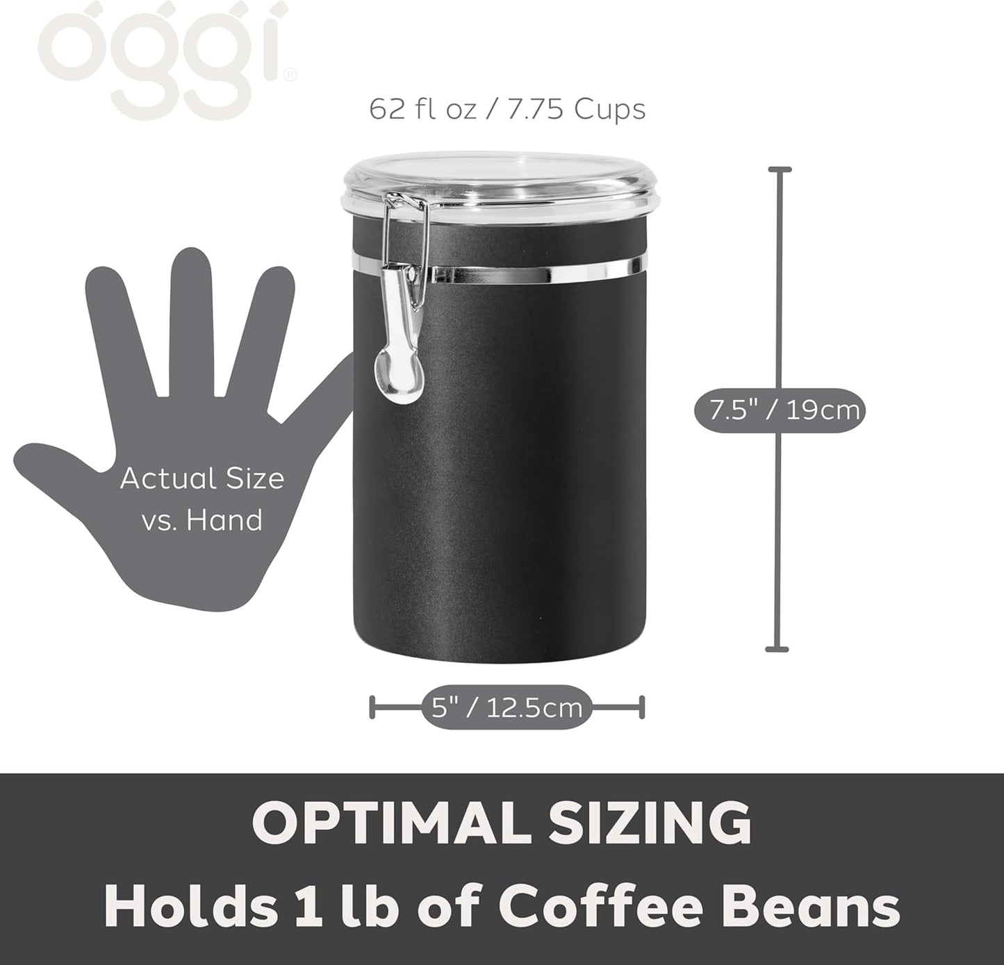 Oggi Stainless Steel Kitchen Canister 62 fl oz - Airtight Clamp Lid, Clear See-Thru Top - Ideal for Kitchen Storage, Food Storage, Pantry Storage. Large Size 5" x 7.5".