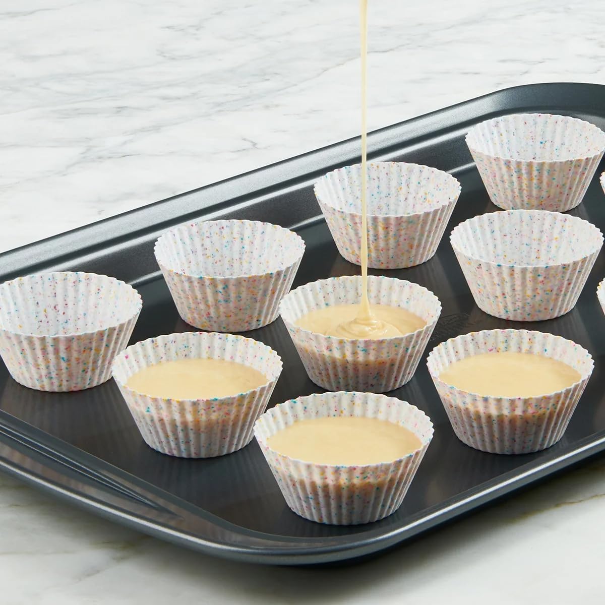 Reusable Silicone 12 Count Standard Muffin, Cupcake, or Snack Baking Cups Muffin Liners, Multi-Color Confetti, Dishwasher Safe